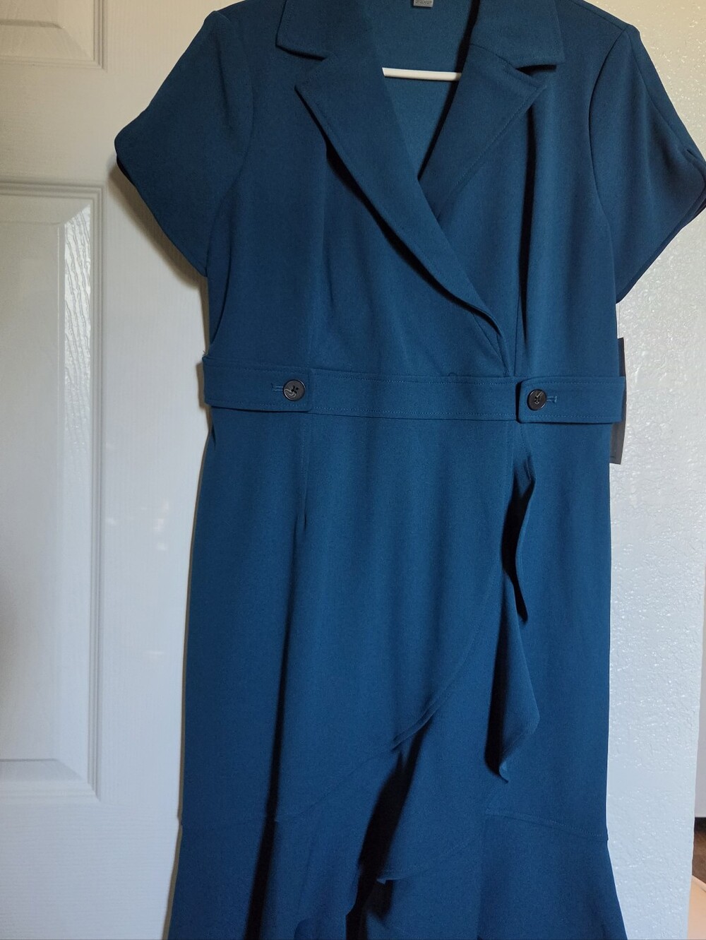 Calvin Klein Teal Short-Sleeve Midi Wrap Dress with Buttoned Waist Tabs